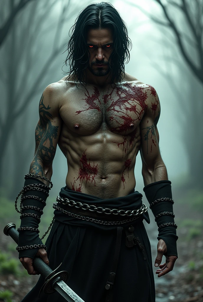 ((best quality)), ((masterpiece)), (detailed), scarred face, muscular arms, chains and barbed wire wrapped around chest, torn clothes, burn scars, red hands, veiny, red eyes, sharp teeth, long black hair, male, large goin bulge, ashes and embers in the air, fire and smoke, darkness, cuts and scars, long tongue, very long tongue,