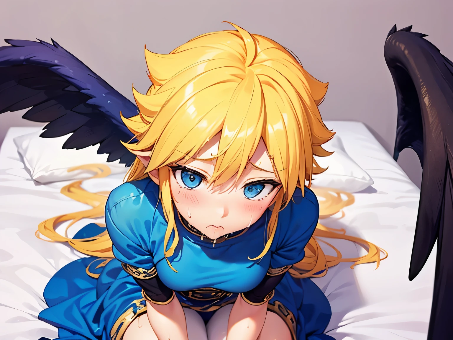 The old inn 、Kneeling in bed 、shot from above、Nina、breath of fire2, Gold、blue dress、pantyhose, black wings、face close up,Blowjob、(blushes、sweat、sad、orgasm、sweat)