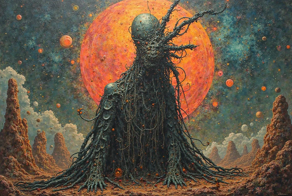 Mythical creatures, author:Zdzislaw Beksiński and Vincent Van Gogh, Album cover, romantic, Surrealism, Futuristic ,Satan, Coral, Wizard, Dark Forest