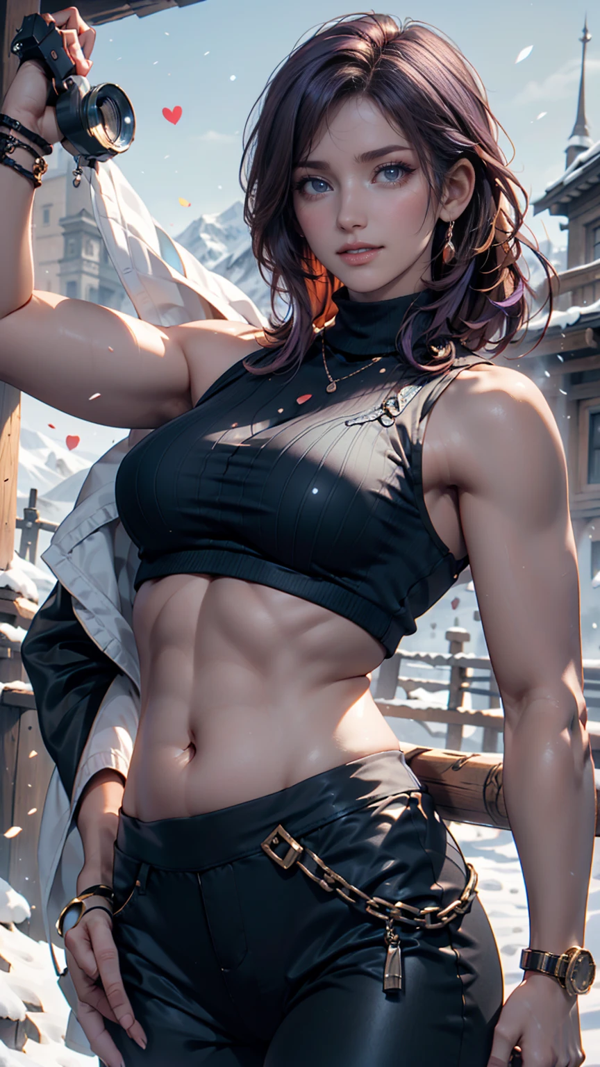 8K, Top Quality, Intricate Details, Ultra Detail, Ultra High Resolution, high-quality, photorealistic image, Masterpiece, random angle, young, attractive, very beautiful mikasa ackerman, with a toned and muscular body. She has a sexy fit and athletic physique, staring with sensual face expressions and a sexy seductive smirk, (Makeup: 0.4), (Fluffy Blue Eyes: 1.21), blue Eyes, ((full body)), 1girl, solo, 1 girl, (( full body)), close-up shot, (((fit body))), (((slim face))), sharp face, sharp eyes, (((black hair, short hair, bangs)), (detailed face), sharp face, small lips, thin lips, ((red scarf, crop top, thigh strap)), detailed face, detailed breasts, medium perky breasts, detail, curvy biceps and triceps, with accentuated slender abs: 1.4, Six Pack Abs: 1.4, Bust Botox, Perfect Body, detail leg, (( moonlight)), ocean
