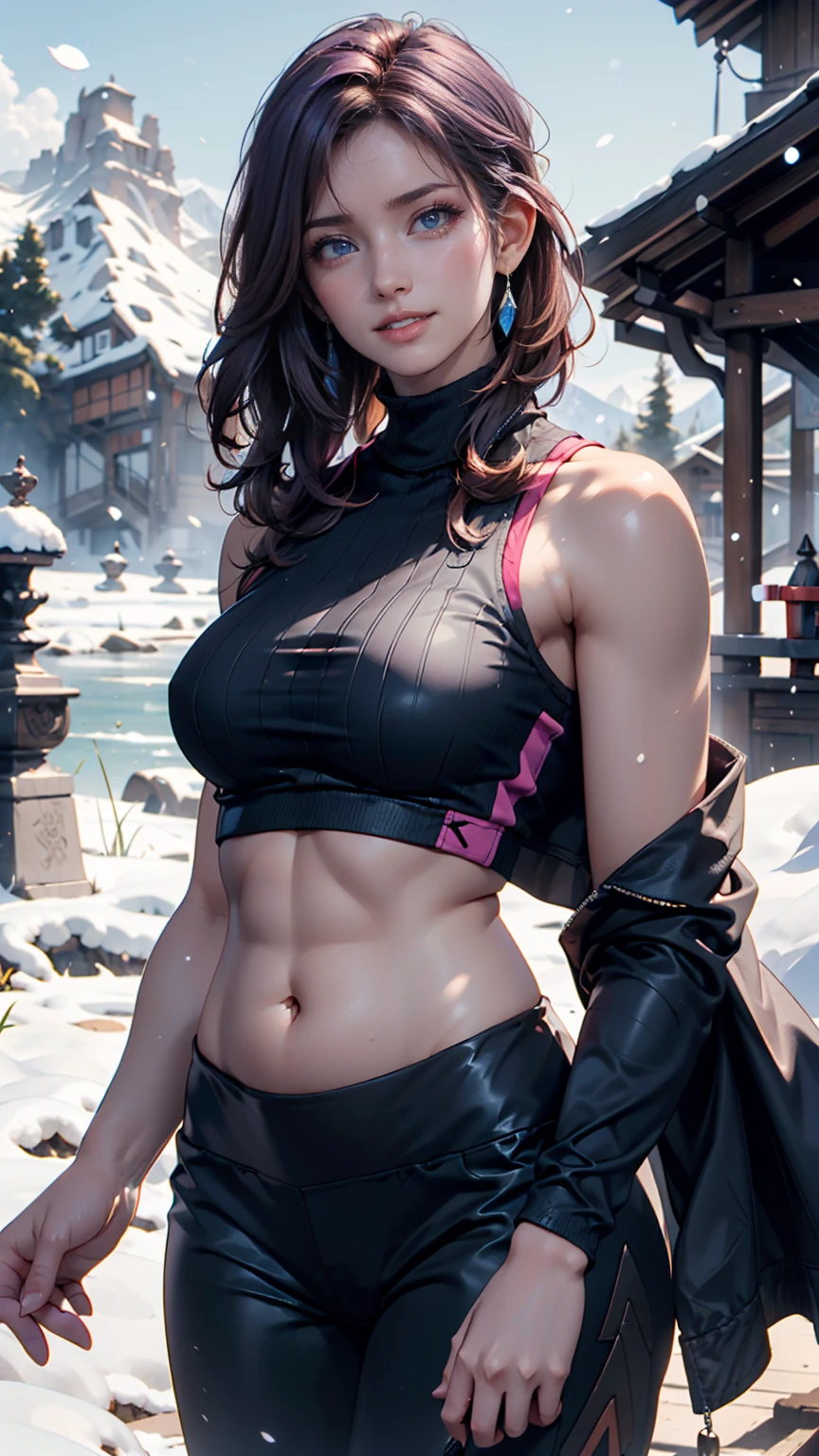 masterpiece, absurdres, 1 teenage girl, Age 15 old. Model of Calvin Klein Brand. Sarada\(boruto, black hair, floating hair, shoulder length hair, hair tied in ponytail, Flower ribbon on her hair. wind. masterpiece, absurdres , (intricate details), (colorful),cinematic lighting,bust shot,extremely detailed CG unity 8k wallpaper 1girl, solo, Pink Criss cross Bra, Slutty Pink laces Panties, Socks. Black heels. Snow Mountain Background, snow falling. Peoples are staring at Sarada for being so Attractive looking. athletic Abs detailed, biceps triceps pumped up, body sweat glow, sweat on her body, Slutty Wide hips, (Medium Breasteautiful Curvy butt]. Heart shaped Lips, Painted Lips shine. detailed eyes, blushed, Adorable Facial, looking at viewer, Posing as a Professional Model. Frameless glasses, choker. Detailed Red eyes