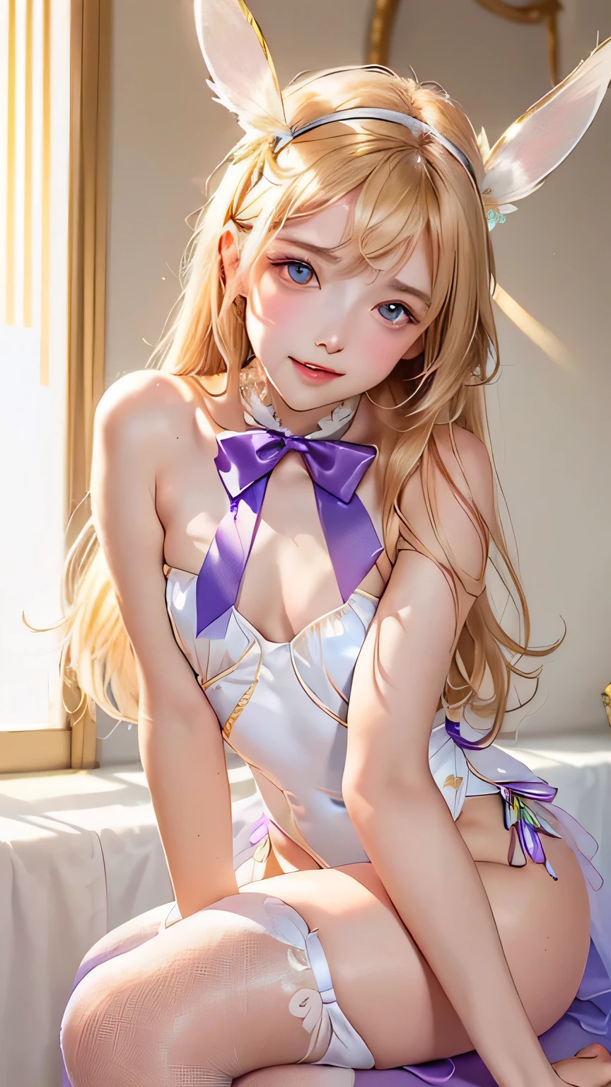 masterpiece, best quality, extremely detailed CG unity 8k wallpaper, (Upper Body head close-up shot of a beautiful little girl), Wendy, Elegant Long straight blonde hair, (Mckenna Grace), ((flat chest,thighs)), ((pink-Cyan)) golden ((Glittering tutu,long Bunny Ear Headgear, , Bow-tie, )), ((Kneel,all fours,from below)), (Blush), oil skin, (seductive smile), (Wonderland), pretty face, key art, award winning, intricate detail realism hdr, by (ruan jia and artgerm and range murata), Photorealism, Hyperrealism, ultra realistic, dramatic light, intense shadows, gorgeous view, depth of field