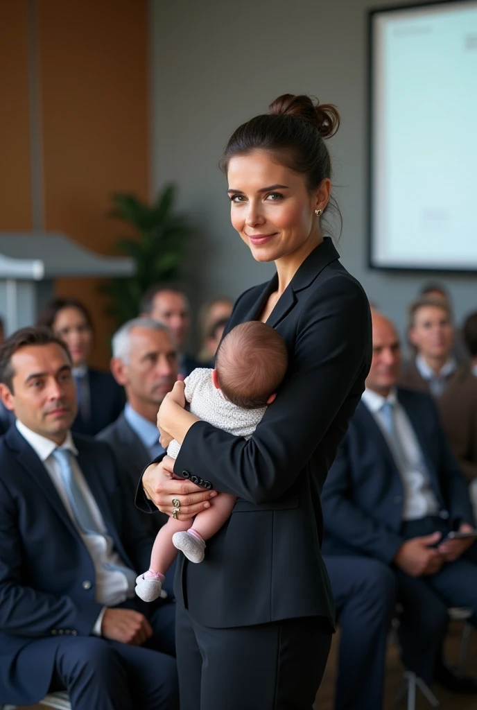 CEO woman with baby girl and one employee man setting in the office with background company name '' BLUORANGE TRAVELS'' make sure its ''BLUORANGE'' not a blueorange and traveling posters al over the office in Pakistan