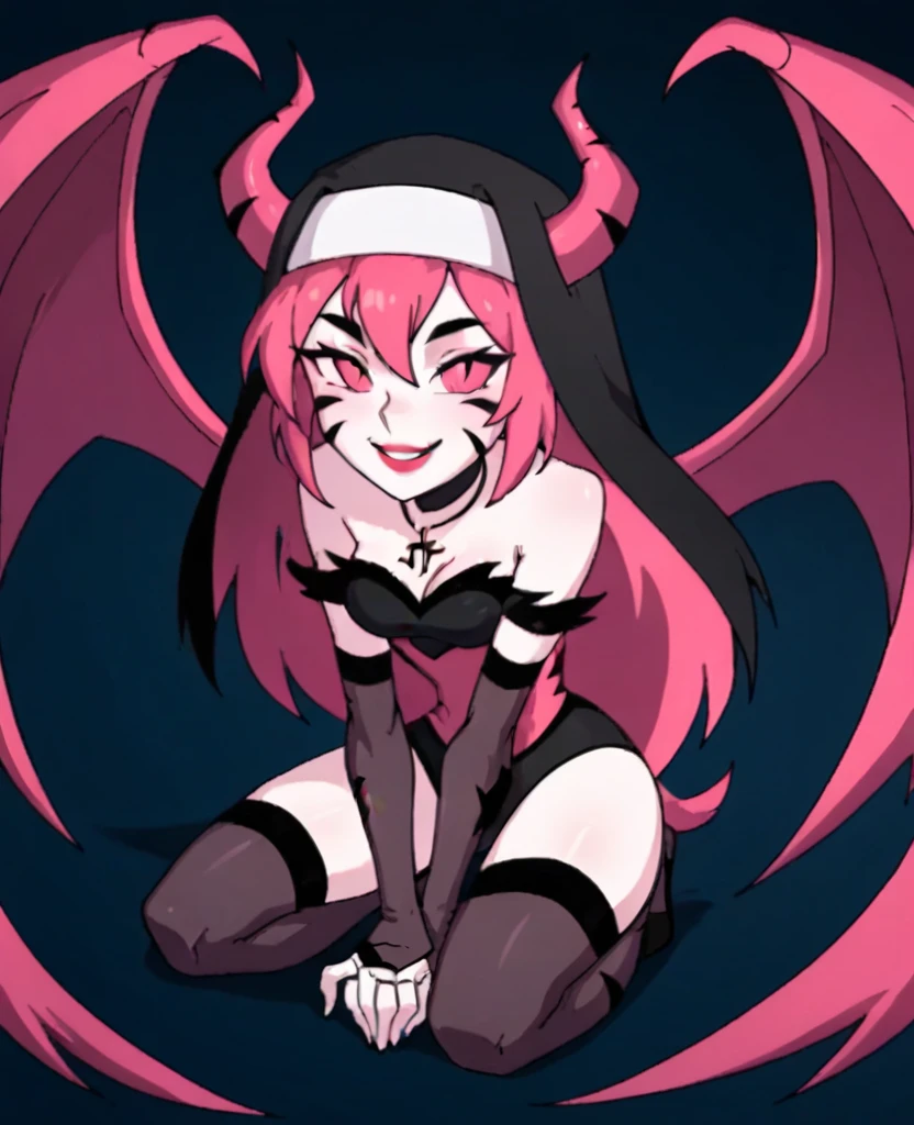 a gothic sexy succubus with long demon horns, has crimson red skin, wearing black leather bdsm gear