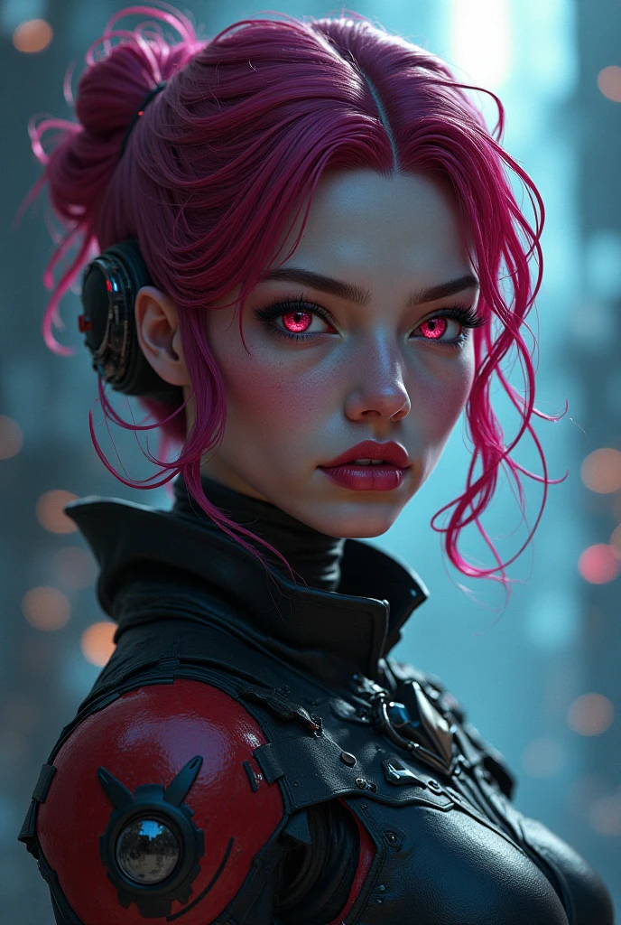 ((best qualitiy)), ((巨作)), (Very detailed:1.3), 3d, belle (Cyberpunk:1.3) Femme rousse aux yeux bleu lumineux avec des tresses et des perles, arafed dans une combinaison rouge futuriste, cheveux orange, beaucoup de taches de rousseur sur le visage, orange