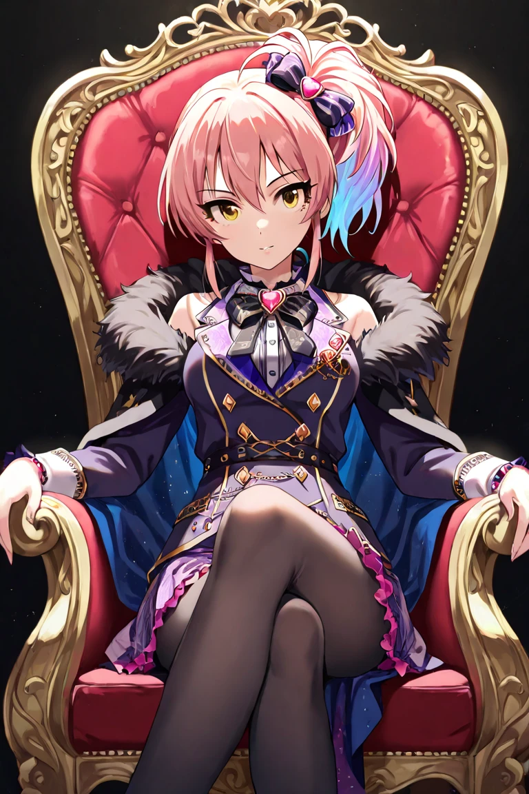 masterpiece, best quality,
shinko windy \(umamusume\),
dark inside, pillar, chandelier, sitting on throne,
official alternate costume, crown, demon horns, brooch, jewelry, black bowtie, chain, fur-trimmed cape, two-sided cape, black cape, red cape, purple shirt, long sleeves, frilled sleeves, black shorts, short shorts
<lyco:shinko_windy_loha:0.7>