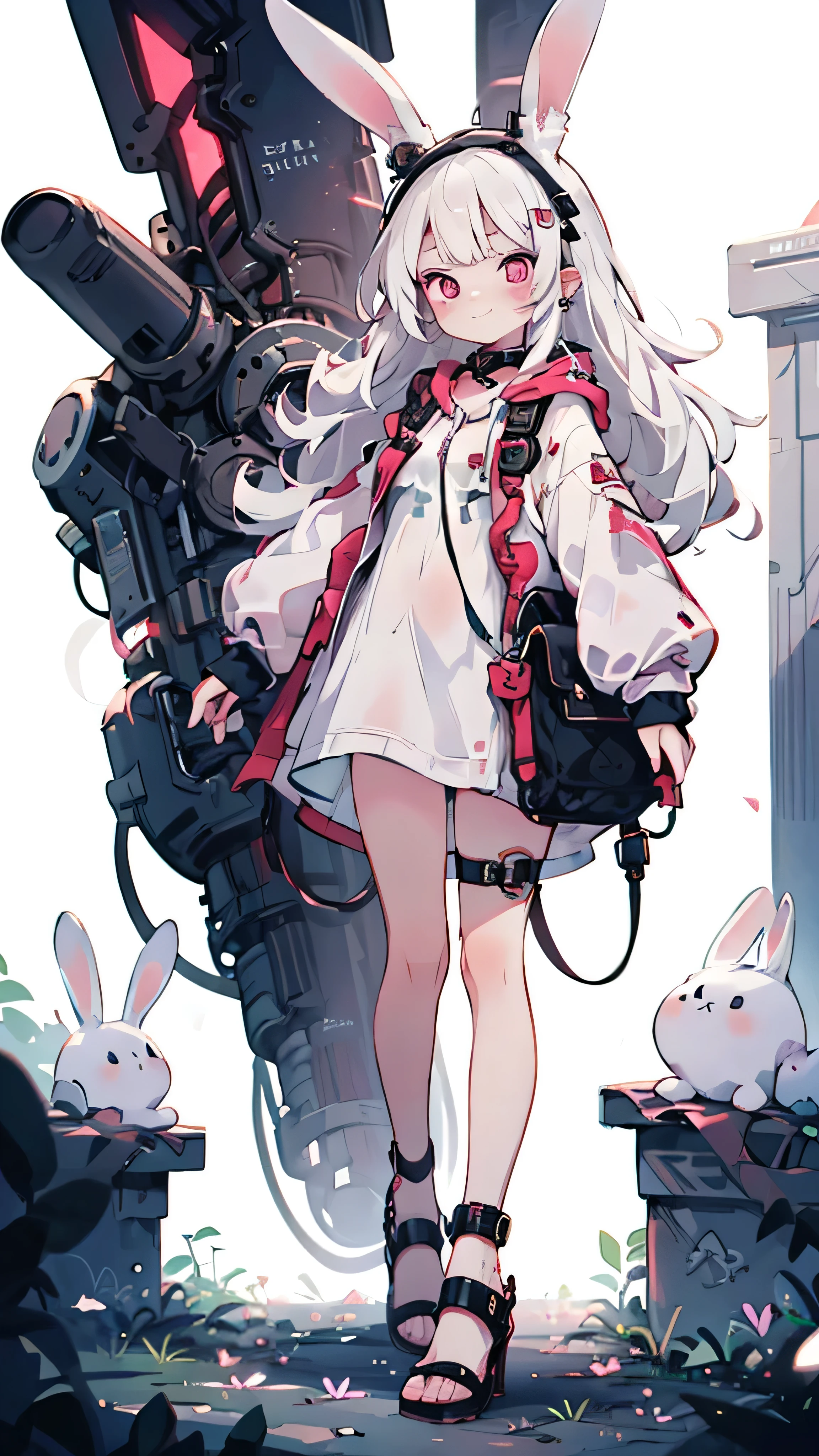 A young albino rabbit beastkin girl with long, silky white hair and bright red eyes. She has soft, innocent-looking eyes and a petite, delicate frame. She wears an oversized hoodie that reaches mid-thigh, making it seem like she’s not wearing any bottoms. She wears stylish high-heeled shoes to compensate for her small height. Her rabbit ears slightly droop, adding to her adorable charm. She usually appears clumsy and cute, with a cheerful demeanor, but has a surprising secret: she is a notorious assassin in the underworld. When in assassin mode, she exudes a cold, calculating aura, with a piercing gaze and a subtle smirk. The background can depict either a cozy, warm setting (her daily life) or a dark, neon-lit cyberpunk city (assassin mode), depending on the scene. The lighting can shift from soft and warm in casual settings to high-contrast and dramatic in assassin mode.