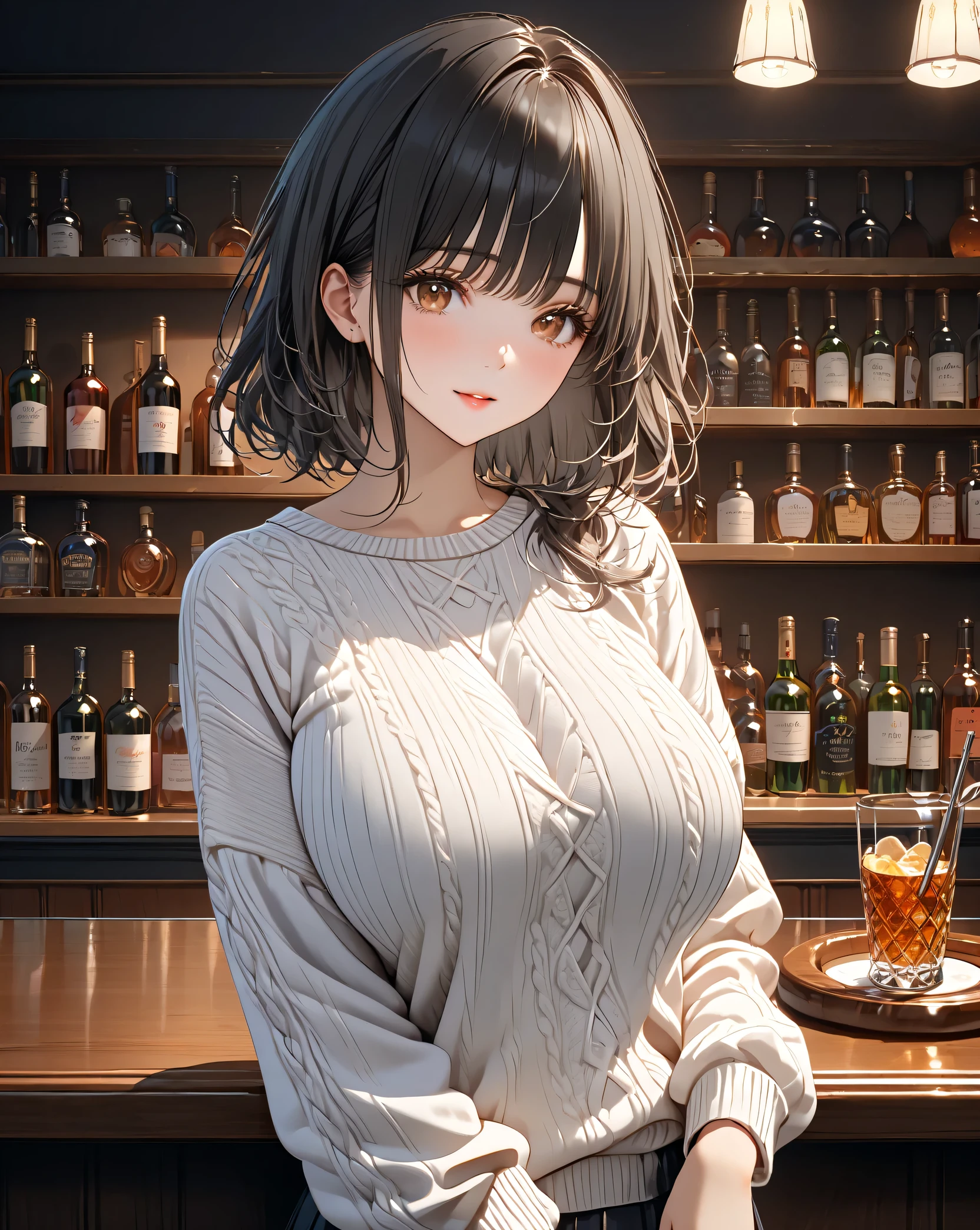 masterpiece, High resolution, perfect face, beauty of japan, 30 years old, beautiful face, night bar, turtle neck seater, skirt, embarrassed look, look at the camera, (top quality eyes), (detailed texture), look at me, Married woman, cool women, (high resolution eyes), sitting on the bar chair
