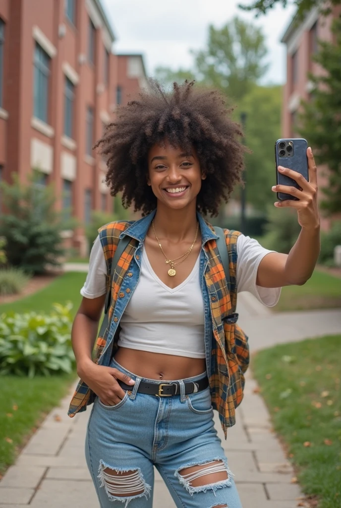 smiling black female photographer wearing jeans and peach colored top taking photos with DSLR camera