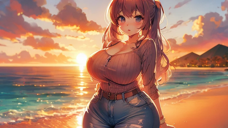 (Shoot from below:1.5), Rear Angle, (From below :1.4), (Crotch focus:1.2), (low angles:1.2), BREAK, top-quality, masterpiece, Photonic style, high-detail, 16k picture quality, beautiful a girl, Turn around and look at the camera, Depicts the whole body, Standing backwards, plump big breasts, Constricted waist, white short sleeves T-shirt, Sheer , Denim shorts, Navel Ejection, Crimson sky, Madder clouds, Dazzling sunset light, suns, Orange Sea, sand beach, Splash,