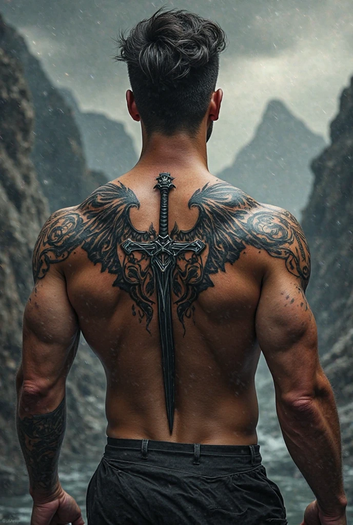 Create a dragon wings tattoo, WITHOUT THE dragon, just the wings, DRAGON WINGS. I want some epic and masculine dragon wings on Strong tanned back of a man. IT HAS TO COVER THE WHOLE UPPER BACK. I WANT THE DRAGON WINGS TO BE SCARY SKELETAL WINGS WITH A SWORD IN THE MIDDLE OF THE WINGS. Its a tattoo in the back of the man