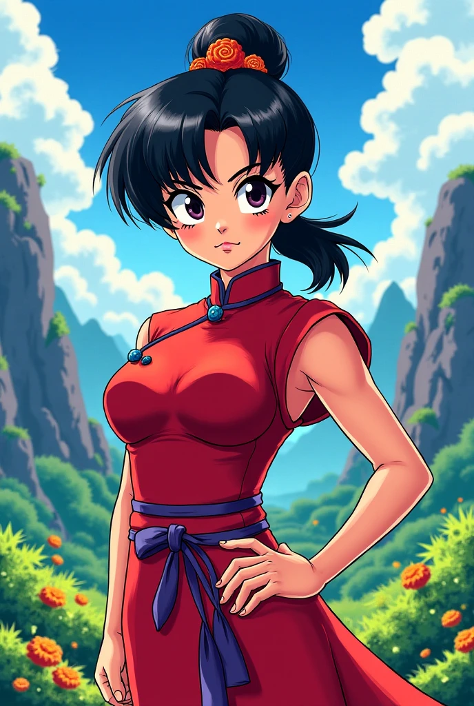 masterpiece, best quality, ultra-detailed, chichi_dbz, ((mature face, tall)), Chichi_Blue_China_Dress, standing, smile, on the mountains, realistic, cowboy shot, volumetric lighting, intricate details, tonemapping, sharp focus, hyper detailed, <lora:chichi_dbzV2:0.7>