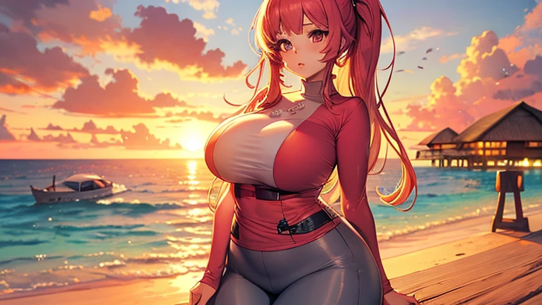 Masterpiece:1.2, Best quality), Realistic, (Real picture, Intricate details, Depth of field), (1girll, Solo), make up, parted lip, highly detailed, Perfect face, (Huge breasts:1.4), (skin indentation), Thick thighs, Wide hips, Small waist, Tall, glossy coral lips, red hair, hair straight,Delicate and beautiful hairstyle,red color eyes, pony tails, (A girl playing beach volleyball, white volleyball suit), (full of sweat:1.2), (Wet), Sexy, Blushing, (gigantic cleavage breasts:3.0),(see-through shirts:1.2),(open shirts) --auto