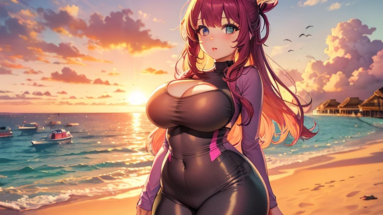 extremely detailed, detailed hair, intricate details, finely detailed, [soft lighting, volumetric lighting], mature female, 1girl, solo, looking at viewer, upper body,close up , outstretched arms, , kneeling , muscular, muscular female, abs, thick thighs, large breasts , (sundress dress sun hat, hair flower) , (wavy hair, comb over , orange hair ,two-tone hair ),, smile, sweat,, freckles, dark skin, lipstick, makeup ( with a rainbow in the sky in the background, gleaming city skyline ), <lora:ChinbotsuV1LOL:1>,