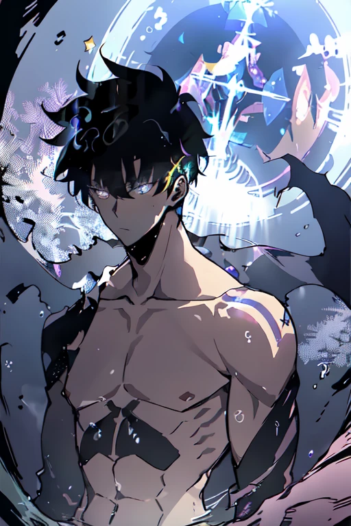A stunning animie male with Black hair. His eyes are practically covered with his hair. His eyes are two diffrent colors, one blue, one purple. Shirtless
