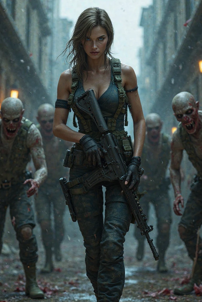 Image of a woman  visible. holding an ax in the right hand, holding a firearm in the left hand. body covered in blood. Zombie background.
