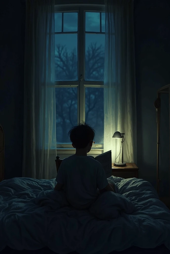 A boy in the wee hours of the morning
staring at his other bed next to him. Tense and dark weather
