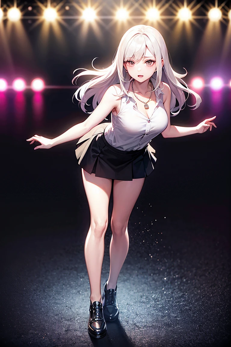 、tmasterpiece、Best quality、realisticlying、Hyper-detailing、(Shiny skin,sweat leggs:1.4)、Slim、Look at the audience、1girll、Solo、tennis wear、White polo shirt、White sneakers、white mini-skirt、long whitr hair、silber hair、eBlue eyes、(thick thight:0.5)、动态照明、A high resolution、sharp fokus、depth of fields、little breast