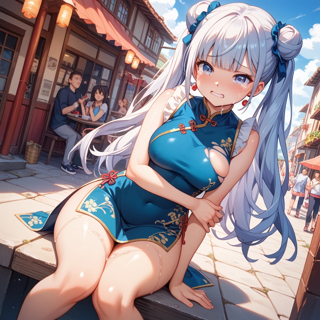woman1limit, /(A vibrant blue Chinese dress with delicate embroidery/), 成熟したwoman, /(black髪ロング/) bangs, gentle smile, (Masterpiece of the highest quality:1.2) Delicate illustrations super detailed, night,,eye color/black,Chinatown, (Explore the city),detailed background,Top Quality All Limbs