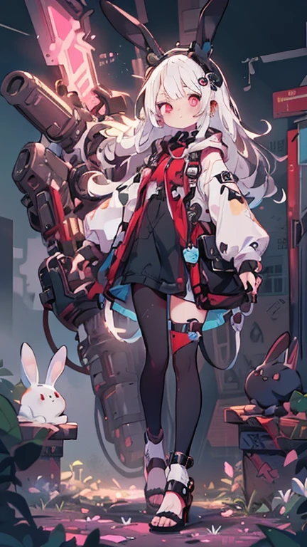 A woman wearing a black sleeveless shirt, sports shirt, , sports shoes, standing posture, white hair, long hair, wearing a black rabbit headband, red eyes, smiling, panting, big breasts , perfect face, perfect eyes, Azur_lane, Prinz_Heinrich.UHD , prime work , accurate , anatomically correct , textured skin , super details , high quality , best quality, 8k, high resolution, bokeh effect. (woman alone),
