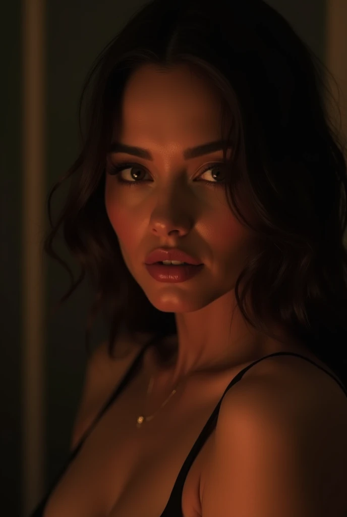 (masterpiece, best quality:1.3), (remote camera view) hyperrealism, sharp images, photorealistic, (Full body portrait), (highly detailed face:1.4), (highly detailed skin:1.4), (20 years old woman), she has very black wavy hair, she has breast size 1.3, detailed hd beautiful dark green eyes, lips marked with red lipstick, flirtatious look, big light green eyes, bold black eye shadows, huge eyelashes, (she is completely naked in the frame of an open door, everything is dark and her silhouette can only be seen). (background, it is nighttime, bedroom:1)
