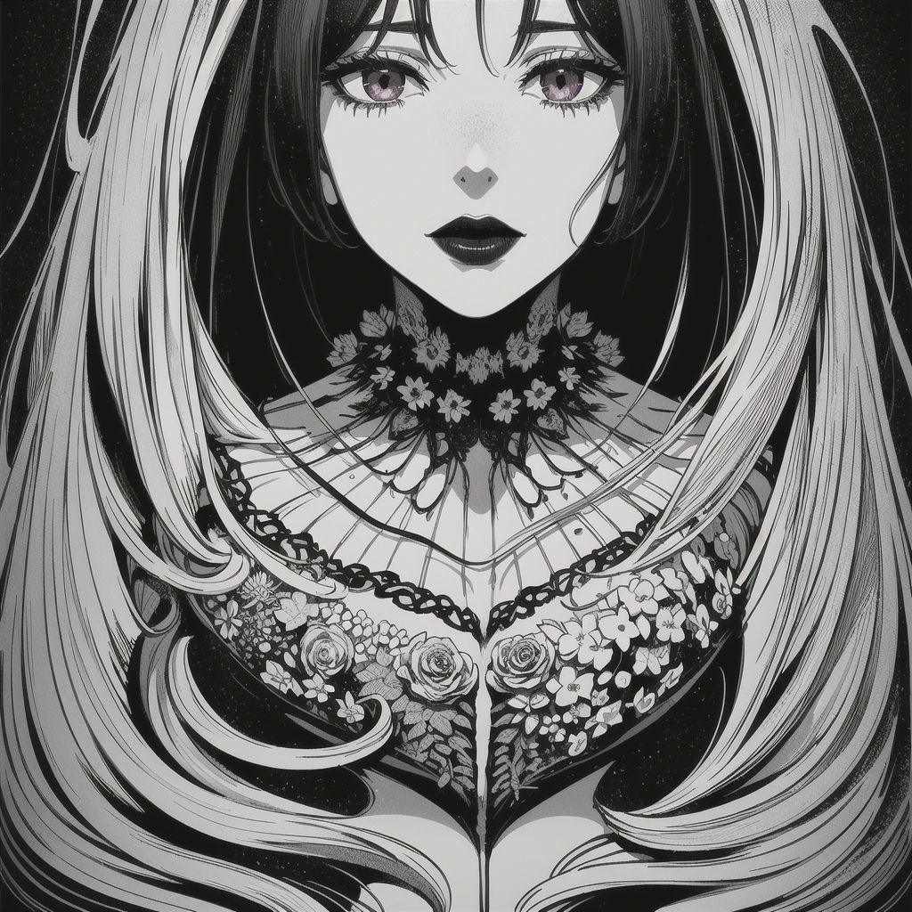 Pelagea asmr with long black hair, sad, expressionless, chest shot, close-up of upper body, rough expressive lines, expressive lines, dark lines, dense lines, intense line work, masterpiece, best quality, super fine, extremely delicate and beautiful, horror manga, black and white manga, black and white line drawing, inspired by Junji Ito, art style of Junji Ito, hand-drawn, character focus, extremely fine, by Kim Jung gi