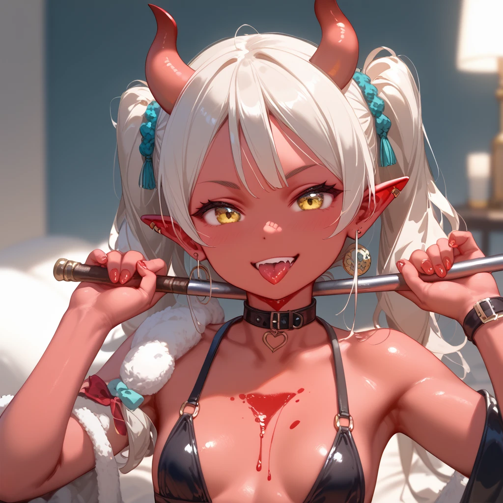 one white girl, bust, solo, upper body, bob haircut, pale eyes, white hair, choker, nsfw, white skin, sharp teeth, open breasts, naked breasts, exposed breasts, nude, bare shoulders, masterpiece, highly detailed, look at viewer, expressing joy, shiny blured orange background, gradient sprayed background, smile, happy face, naughty grin, camera from the front, gradient red purple background, blured background, big nipples, glowing edges of image, (covered in blood and cum:1.3), (blood and cum on breasts:1.3), (blood and cum on face:1.3)