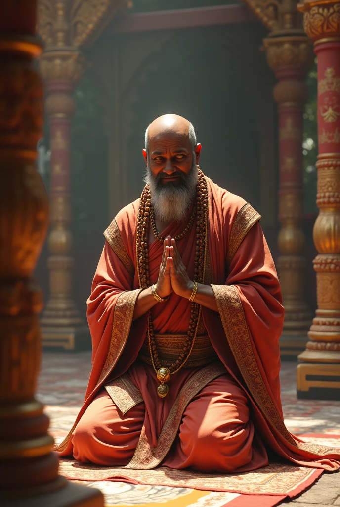 Indian prophet .ancient monk&#39;s clothes. the face is clearly visible. you can see all the details.4K. is sitting.background futuristic temple. all the colors are bright and eye-catching
