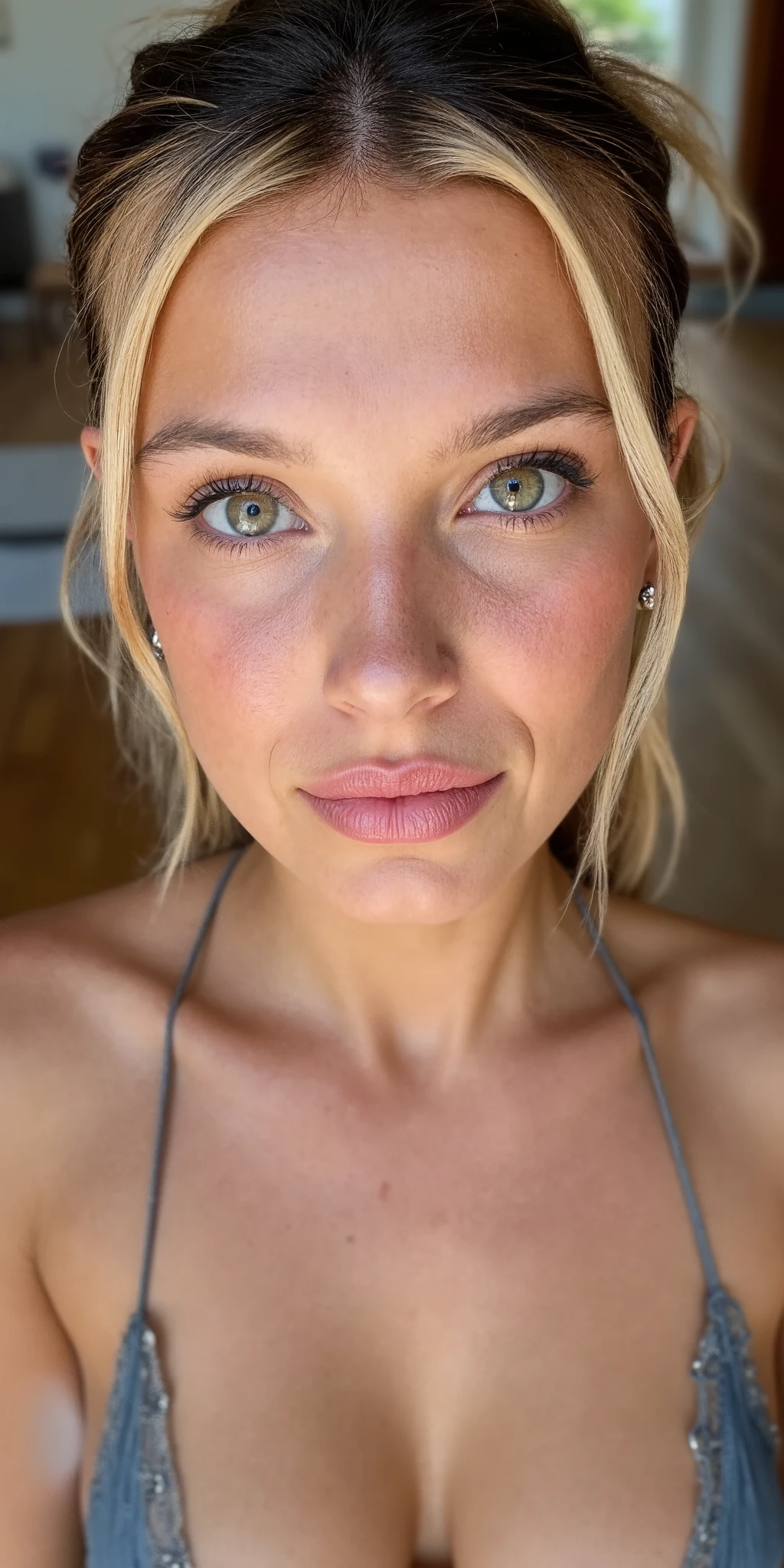 Intimate SFW Instagram photo of a woman (((close-up portrait))) (blond hair), sexy beautiful smile, S-shaped pose. She has pale complexion, square-shaped faced, high cheekbones, small sharp nose, full sensual puffy lips, pointy chin, defined jawline, big sultry eye, very light brown eyes, detailed eyes, realistic eyes perfect eyes, an erotic high-angle photo of a blond ponytail hottie. She is wearing lingerie she is in a classroom, jewelry, necklace, earrings. skin pores, wrinkles, freckles, realistic skin texture, detailed skin texture, skin imperfections. From above, facing the viewer, she is looking up at you with loving sultry eyes, looking_at_viewer, pov_eye_contact.