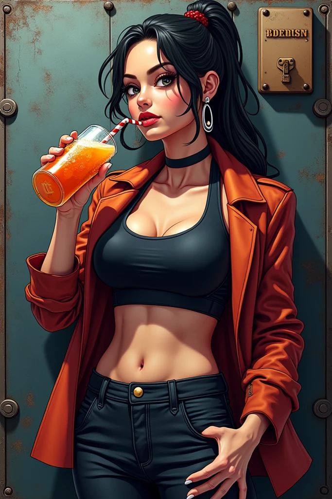 a glass of fruit juice using cigarette with mouth bras arms and he is a gangster