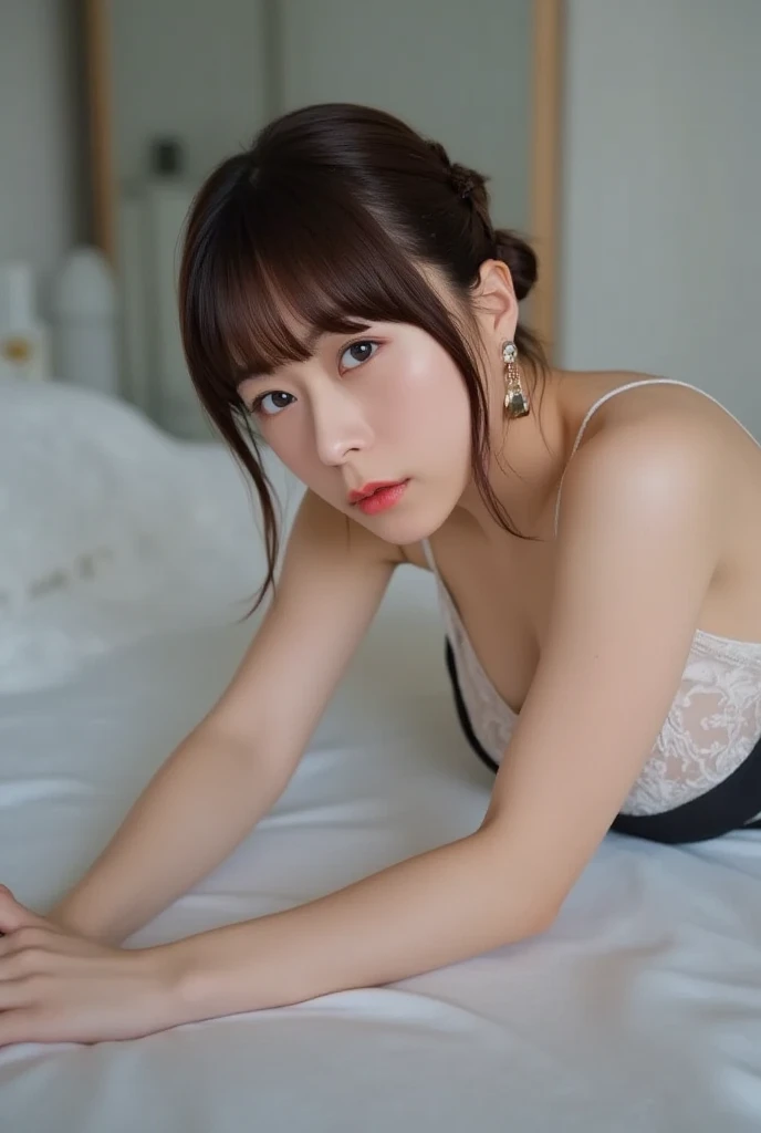 (8K、RAW Photos、Highest quality、masterpiece:1.2)、(Realistic、Realistic)、girl、whole body((Red Lingerie、Very sexy lingerie、Too much exposure、Large Breasts、Bare Chest、garter belt、Ofoot、Touching the chest、Knead、smile、Medium Hair、View from the front、Wear stiletto heels、night、nightの寝室、On all fours、 uncle is behind、Sweaty、The liquid splashed on the girl.))、Lots of eyelashes、Glowing eyelids、skeletally correct、A fat man stands behind