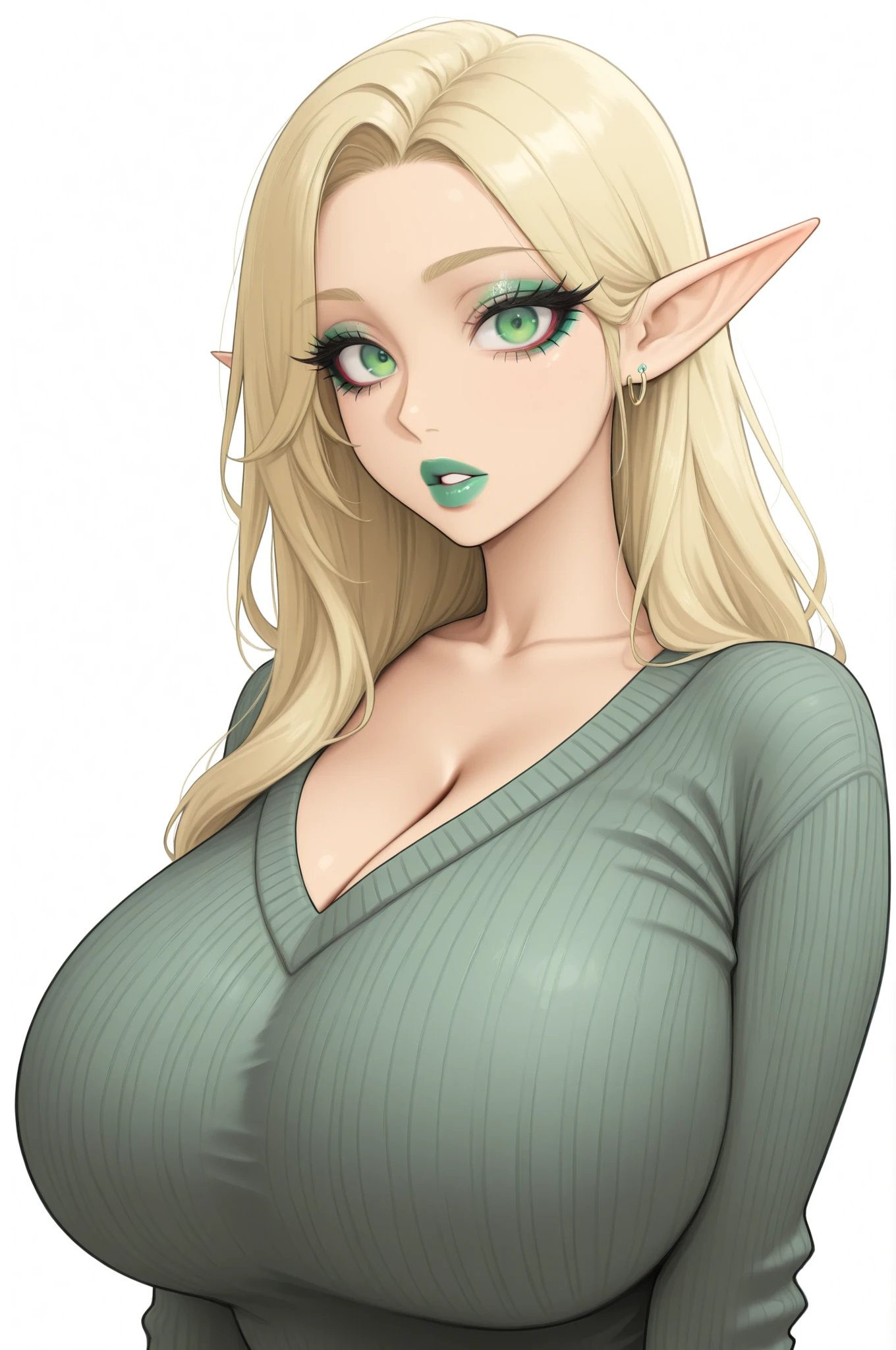 masterpiece, best quality, amazing quality, very aesthetic, absurdres, newest, highly detailed,high-resolution, 1girl,solo, upper body,looking at viewer, white background, voluminous long blonde hair, elf, makeup , parted lips, lipstick, eyeliner, bimbo, gyaru woman, gigantic breasts, sweater, mint green eyes