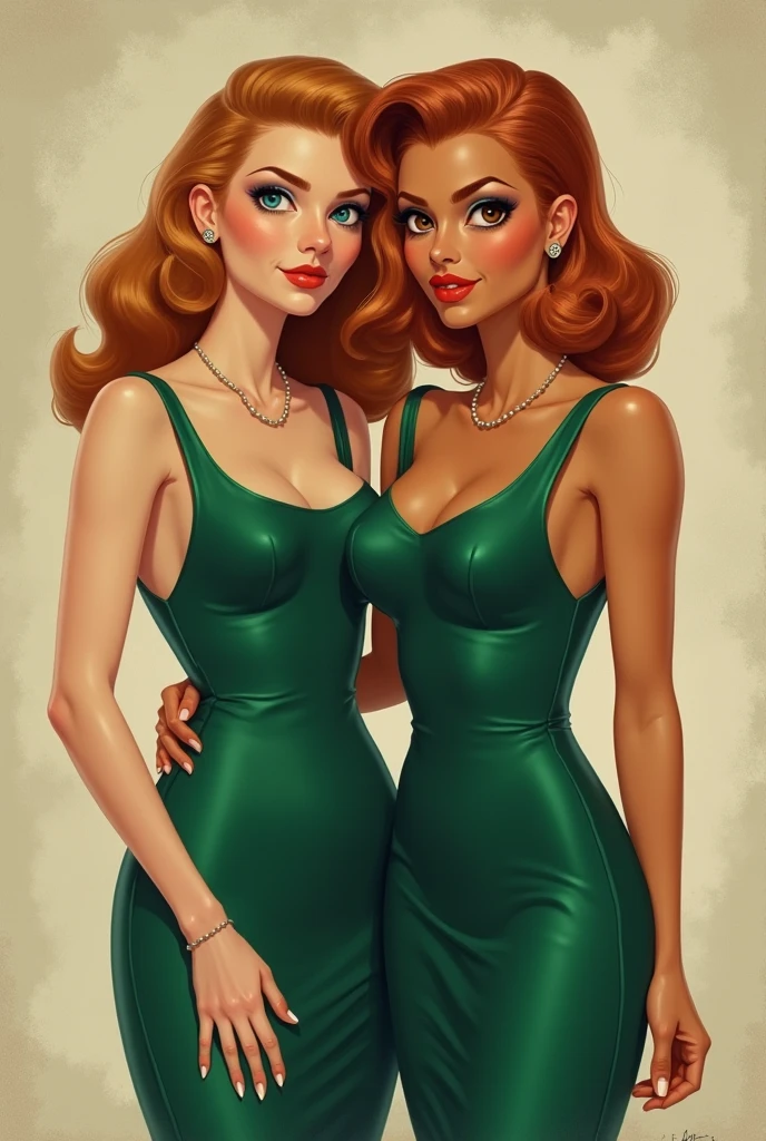 (full body photo:1.5), 2 curvy women, adult faces, masterpiece, best quality, beautiful detailed eyes, (Yellow purple to orange fade hair, blue eyes), (short red hair, green eyes), parted lips, smiling, extremely detailed, large breasts, insane details, intricate details, hyperdetailed, street corner, Pencil dresses, eyeshadow, lipstick, music notes swirl around them, waves of color, retrofuturism, <lora:n15g_aio_hairstyles-1.0:1>, ojou curls, double bun