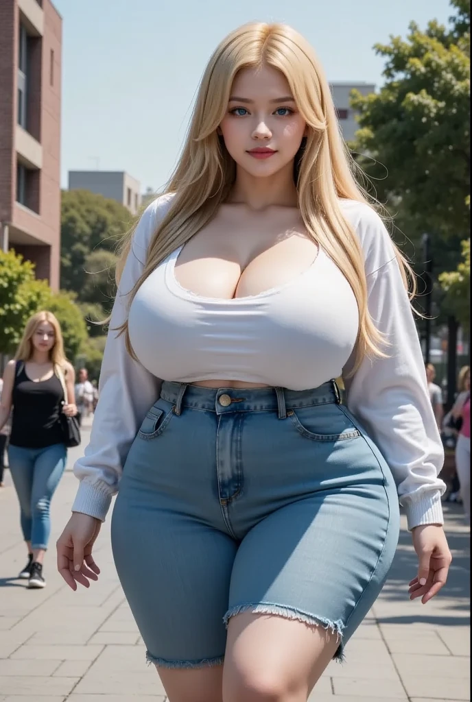 Best quality at best, A high resolution,full body shot shot,Long blonde hair,Extremely tall plump sexy body,Extra-large big breasts,Elongated waist,Exaggerated huge fat buttocks,Super long big thick legs, eBlue eyes, thongs, denim pant, Booties,pearls necklace, bangle, black glove, white shirt, short detailed hair, short- sleeved, 耳Nipple Ring, Blue pants, Open the vest, black tanktop,big cleavage breasts, (废墟:1.3), (torn laundry:1.5), are standing, face expressionless, large thick legs,gigantic cleavage breasts,is shy,Broken clothes,Drenched,revealing breasts,full body shot shot。
