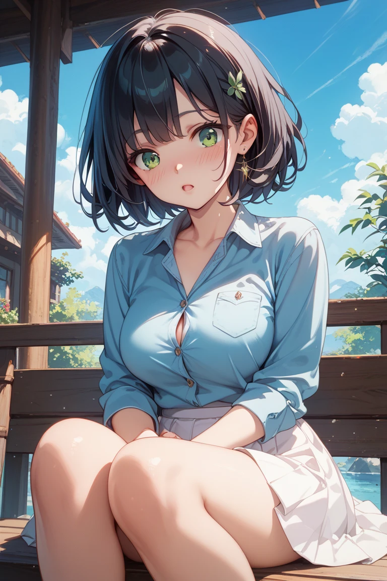 1 girl, solo, White Polo Shirt, White mini skirt, masterpiece, best quality, Super detailed, (Sweating:1.4), absurd, looking at the audience, short black hair, brown eyes,(Thick thighs:1.0),Sky,Tree,Awa Onsen,bath,bikini,rain,white,Charming smile,Underboob exposed,Flower headdress,Waving,love letter,Blushed,Squat down,Fold your hands on your knees,Lower chest exposed