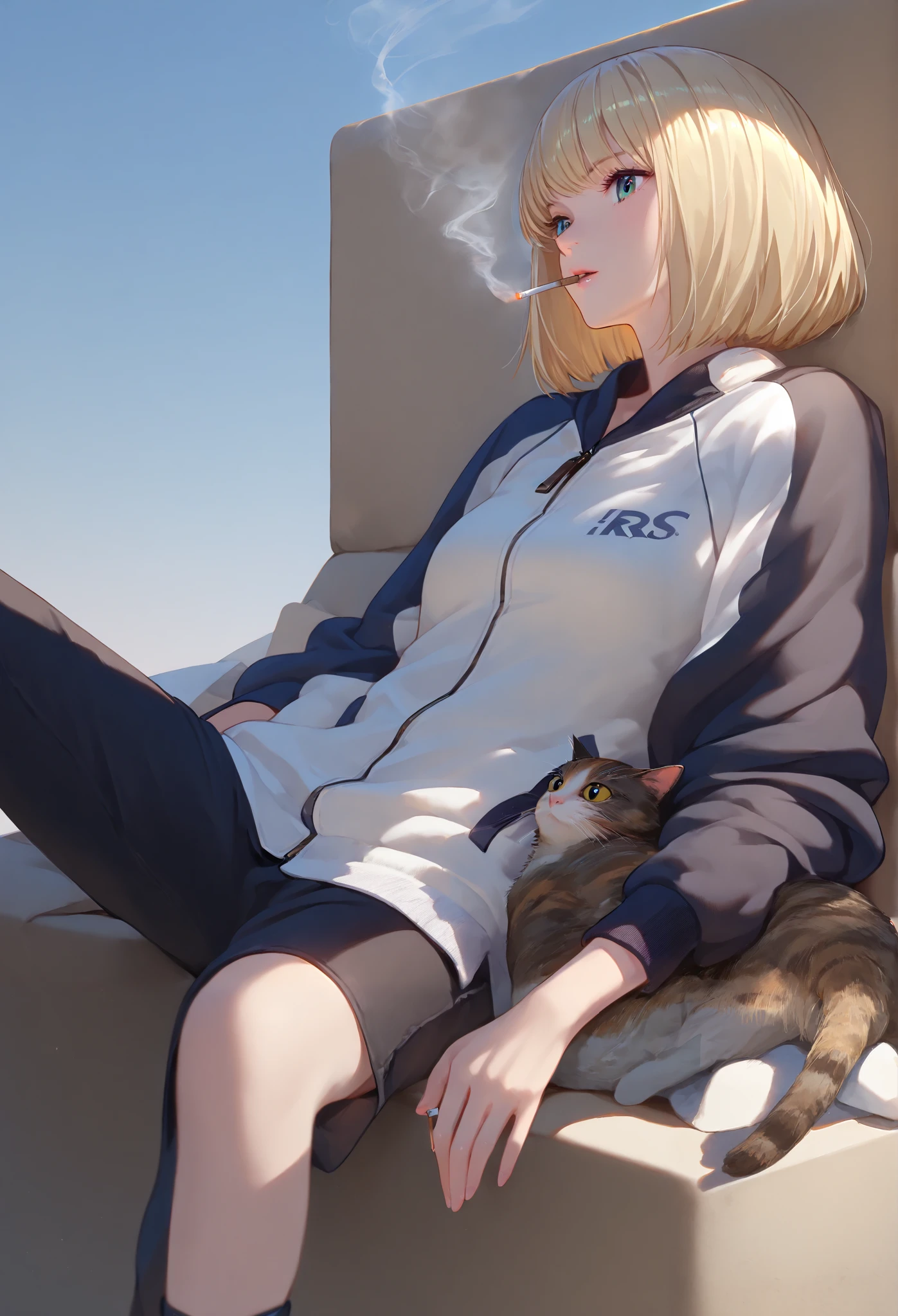 (1girl with cat ear,blonde bob cut,.The girl is wearing a cropped, beige and dark gray/black zip-up jacket with an athletic, (raglan sleeve design.:1.0),sitting on char,smoking,leaning back ,relaxed,masterpiece,hires,best quality,:1.1)