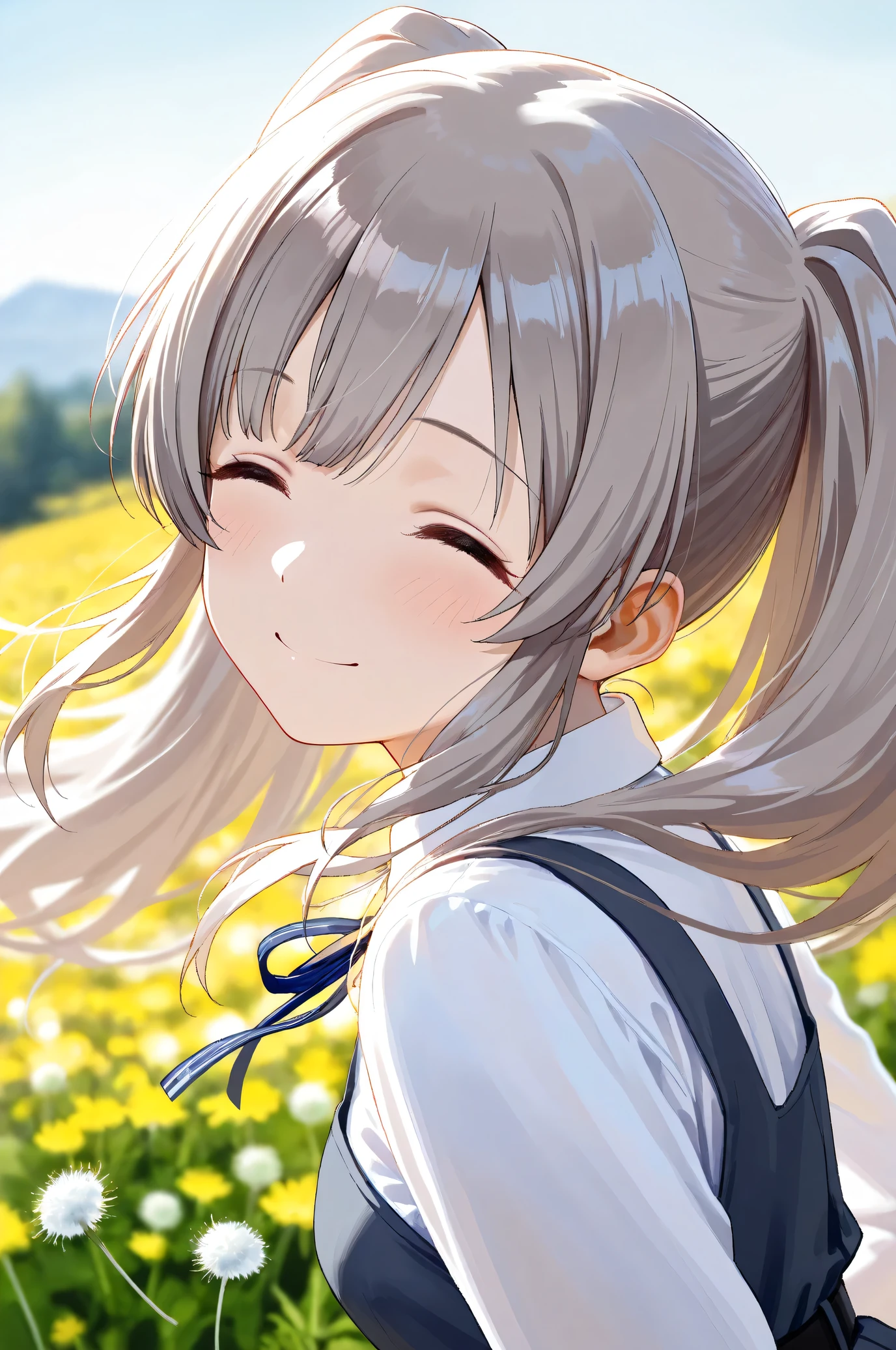 (Masterpiece), (Highest quality), (Very detailed), 
(The best shape), (Best Shadow), (Absurd), 
(Detailed background), (So beautiful), Shiny , 
Extraordinary, Countershading, 8k, 32K, High resolution, 
Very Detailed CG,

Score_9, Score_8_up, Score_7_up, Source_anime, 
(Pastel painting:1.2), (Watercolor painting:1.2),
(Masterpiece, Detailed:1.2), (Foreshortening:1.2),

Cinematic, Dramatic, (Depth of field:1.4),
(Blurry background:1.4), (Realistic background:1.4),
(foreshortening:1.3),
Dynamic angle,
1 girl,
Outdoor, Nature, Flower Field, Wind, (Dawn:1.2),
Dandelion, Dandelion fluff,

Yukoku Kirino, 
the idolmaster shiny colors,
yukoku kiriko, Twin tails,

school uniform, 
white shirt, collar shirt, slateblue ribbon, Long sleeves shirt,
One-piece dress, slateblue one-piece dress, belt,

portrait, close up shot, squat, look back,
(Blush:1.3),
smile, happy, her eyes closed,
Realistic skin,
Shiny skin,
Focus on face,