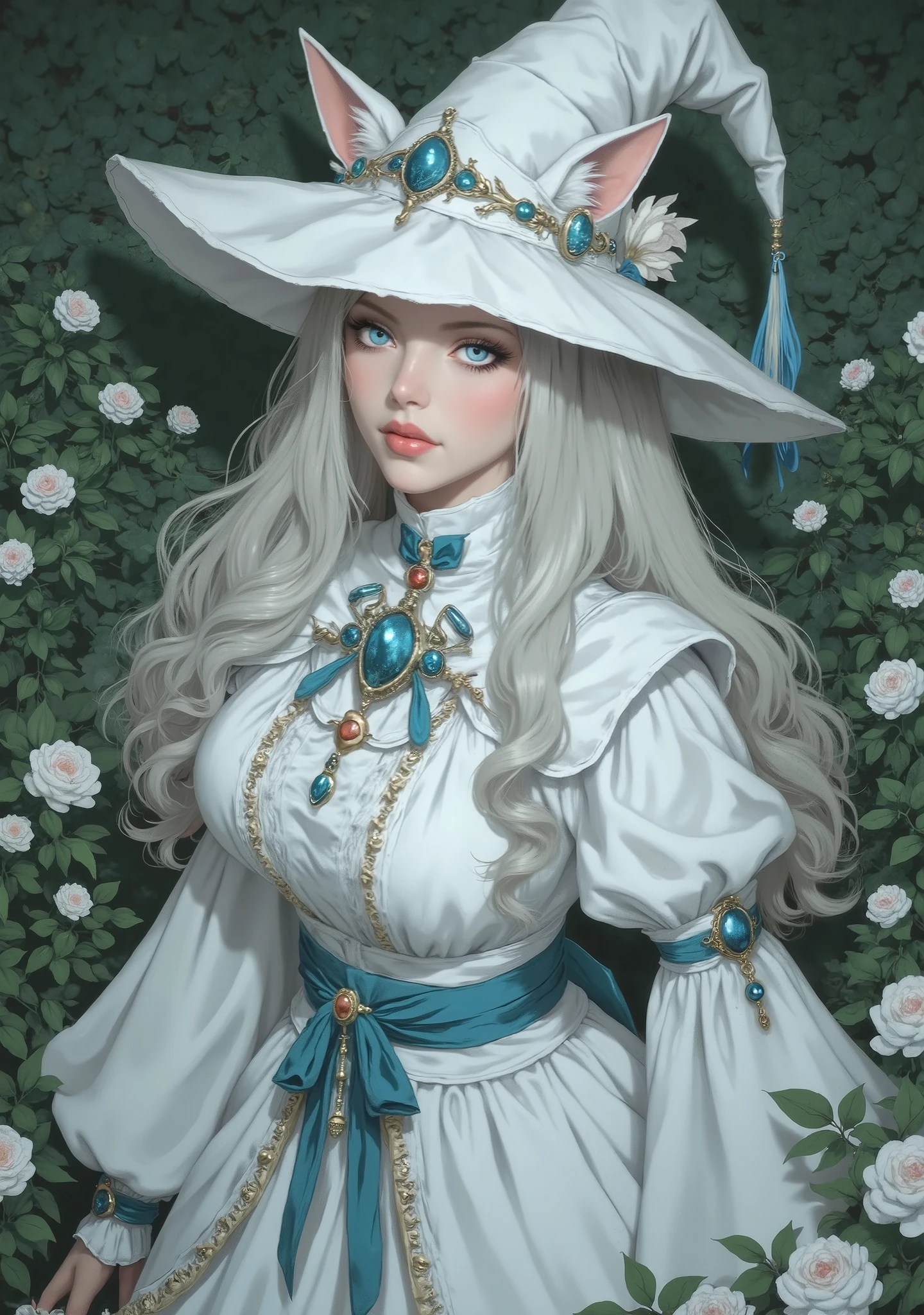 woman, fair skin, pink lips, long white hair, white wolf ears, blue eyes, wearing a white witch's hat with blue ribbon, white clothes, Full body,dressed as a medieval princess, in a garden