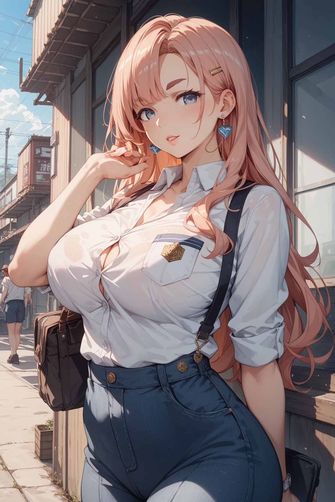 (Anime style),Masterpiece, Best Quality, Ultra-detailed, Brilliant brilliance, glowing light, Ray Tracing, HDR, Def fields, (a perfect face, Detailed Face, Detailed boobs for eyes:1.2),8K,HD,ultra realistic face,Ray Tracing,perfect  lighting,Best Quality, Ultra-detailed, shiny eyes, (looking a viewer, Smile:1.1), ((1girl)), (gyaru, mature female:1.4),Cowboy shot,
power,Long hair,sharp teeth, horns demon, red horns,symbol-shaped pupils,((Gradient hair)),colorful eyes, gradient eyes, (glowing eyes:1.1), mascara, (fashionable makeup), parted lips,shirt with collar,open coat, blue coat, blue jeans,
((school, school gate, Cherry trees, cherry blossoms, Flying petals)),Complex background,((super detailed background)),  Poses, ((8K wallpaper)) ,