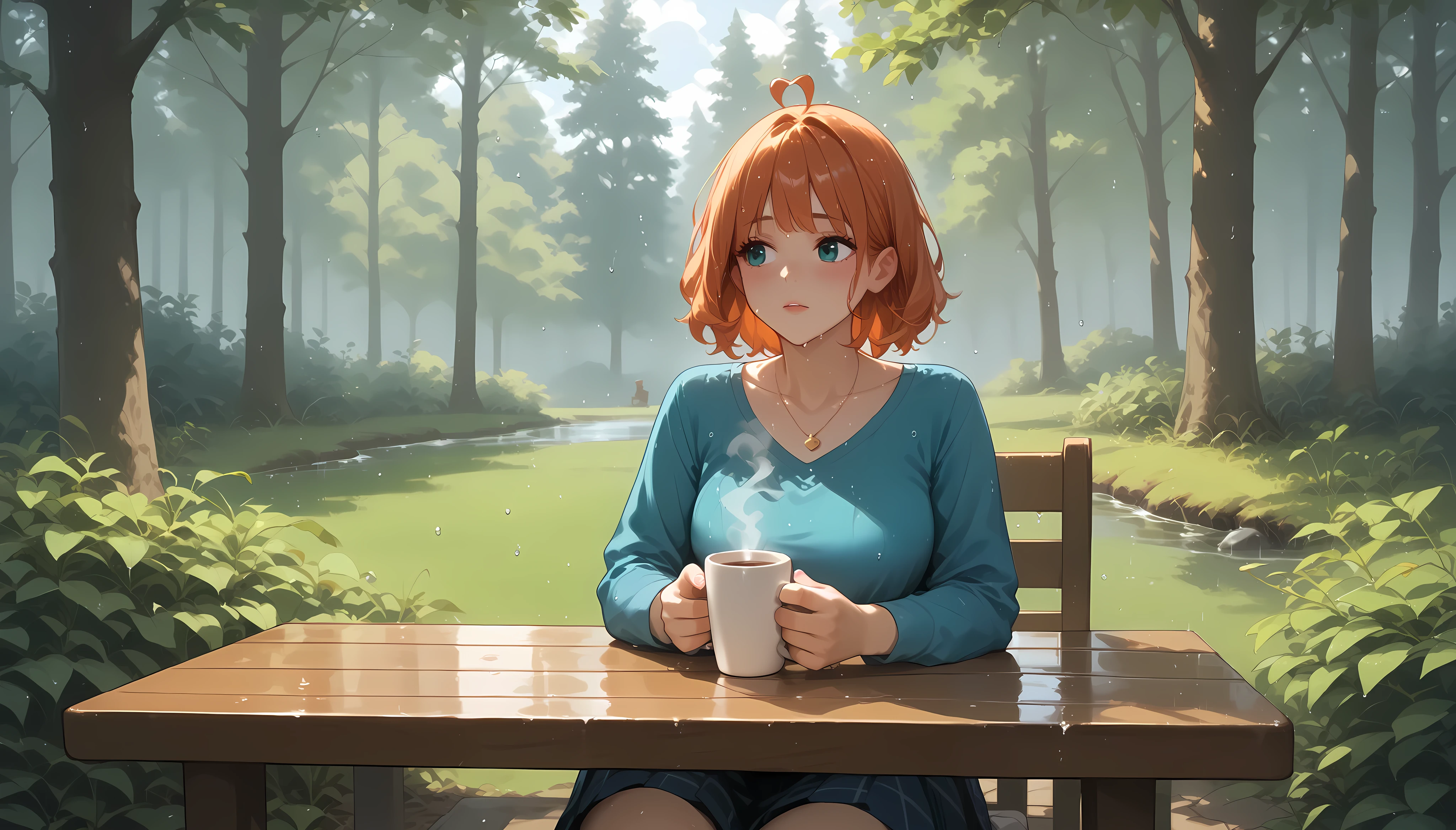 A quiet café named "Melody Mood" in the middle of a misty forest during a gentle rain. Raindrops trickle down the wooden eaves, and the air is filled with the fresh scent of wet earth and leaves. A woman sits alone at an outdoor table, staring at the rain while holding a warm cup of coffee. She looks lost in thought, absorbed in the moment as soft jazz music plays in the background. The mood is introspective and poetic.