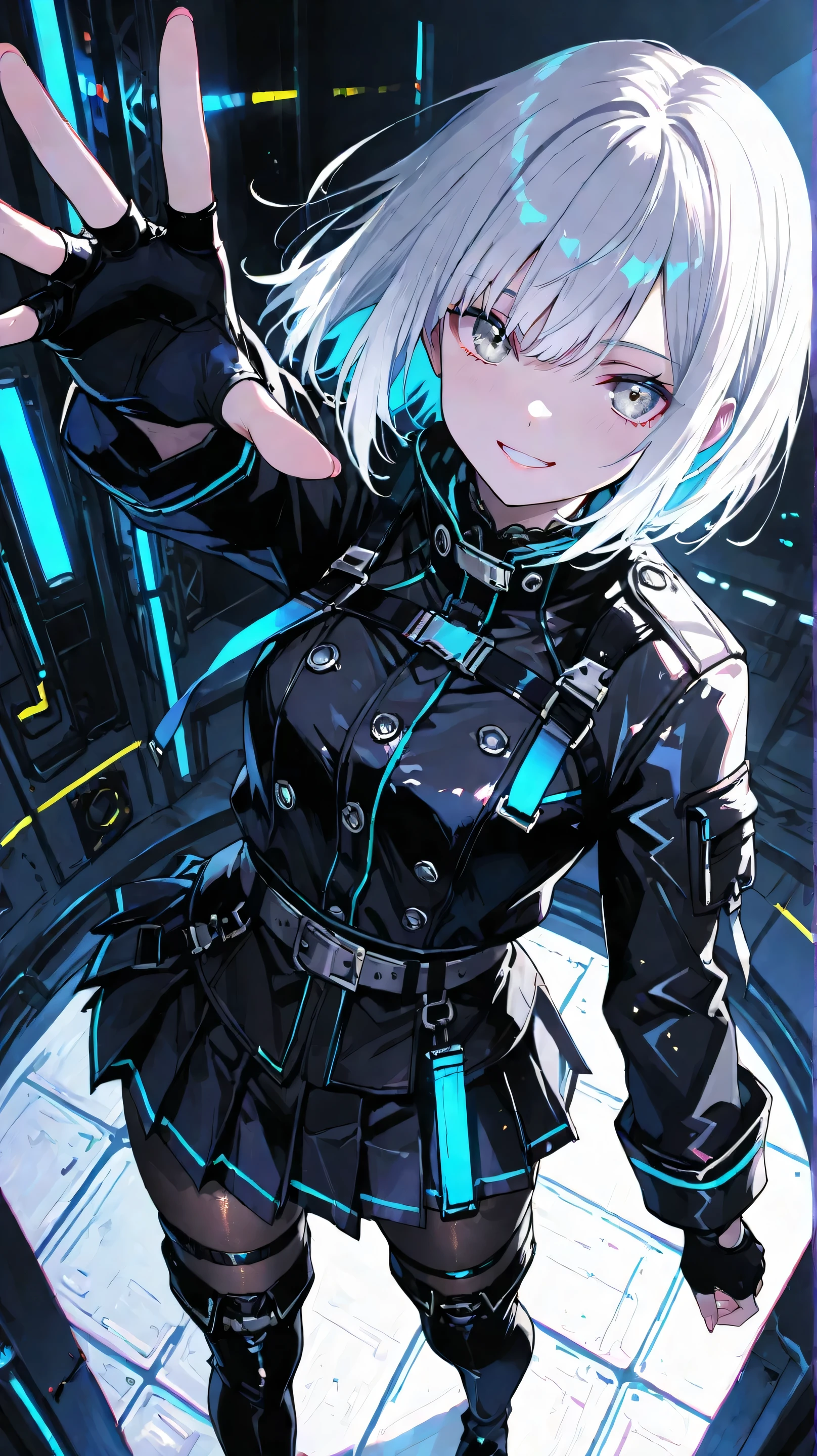 1 girl, bob hair,skirt, solo,silver hair,silver eyes,pleated skirt, black shirt,jacket, miniskirt, shirt, long sleeves, belt, black skirt,black jacket,thigh highs boot,(black tights), gloves ,fingerless gloves,masterpiece ,best quality ,8k wallpaper ,detailed eyes ,detailed illustration , HDR-like contrast, vibrant color palette,glowing lights, vibrant reflections, surreal lighting, HDR effect, cinematic vividness, from above, grin, reaching out