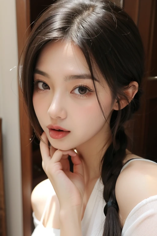 nsfw, nude, ((a skinny naked girl sucking her thumb, she is 15 years old girl, tiny tits, flat chested, bobbed hair, licking her fingers)), beautiful detailed lips, beautiful detailed eyes,ultra-detailed,highres,professional, soft lighting,(ultra realistic japanese girl),looking at viewer,(ultra realistic detailed hair),(moist and shining eyes).