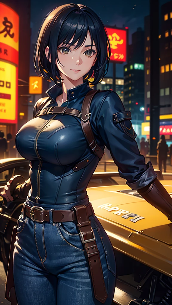 (Masterpiece), (top quality), sunset, natural lights, ,(realistic:1.5), Makoto Niijima as an incredibly beautiful police officer, blue police uniform, short skirt, wearing an unbuttoned police uniform, cleavage, sexy, blue eyes, smiling, sexy pose, athletic, looking at viewer, eye contact, modern metropolis, Night, neon lights, detailed modern day city in background, seductive, Seductive_pose, natural lights, big breasts, high saturation, precise hands, bright eyes, ultra-definition, superior resolution, soft lightning