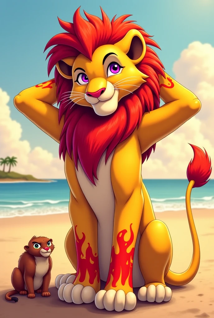 2 female anthropogenic lionesses , A mother with a pet collar chain and her slut daughter holding the chain, Furry Anthropology on the Beach Cartoon Style Zootopia, naked, zootopia style, little , ,(30 year old mother and daughter)