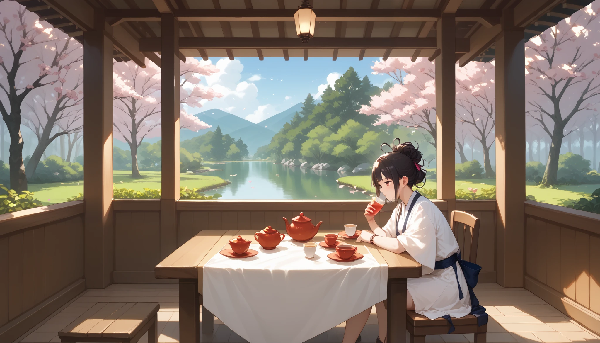 A serene Japanese-style café named "Melody Mood" surrounded by a tranquil bamboo forest. The café's architecture is inspired by traditional wooden teahouses, with a green tiled roof and paper lanterns. A small koi pond reflects the soft glow of the surroundings. A woman sits alone at a low wooden table, sipping matcha tea as a gentle breeze carries the scent of cherry blossoms. The entire setting radiates peace and mindfulness.