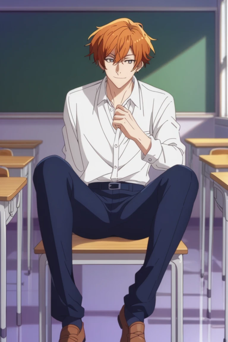 man, un man, short hair, orange hair brown eyes , navy blue school pants, white school dRess shiRt, Arrogant smile, Allow posture in a classroom, Sitting on the classroom floor, Anime by Sasaki Shummei, open legs , dark brown school shoes