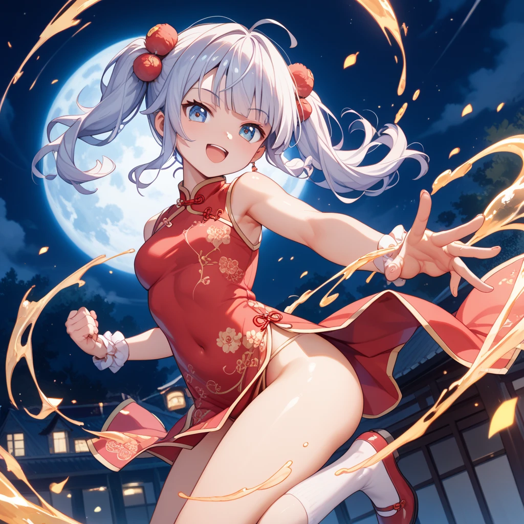 (Masterpiece), (Top Quality Anime Illustration), (Super Definition), One Girl, Solo, Beautiful Girl with Silver Hair, Anime Loli, Cat Ear Loli, Pale Red See-Through Cheongsam, Short Cheongsam, Sleeveless, Smile, Cleavage Emphasis, Lower Breast Emphasis, Thighs, Tarot Card Style, Power