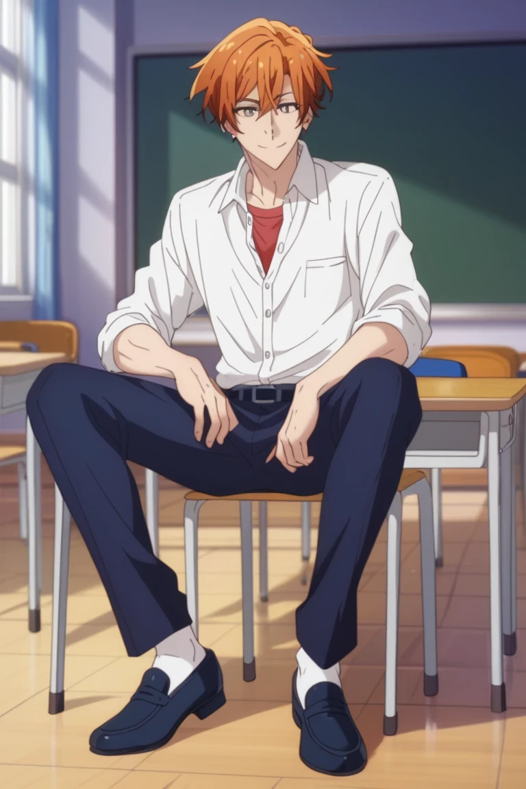 man, un man, short hair, orange hair brown eyes , navy blue school pants, white school dRess shiRt, Arrogant smile, Allow posture in a classroom, Sitting on the classroom floor, Anime by Sasaki Shummei, open legs , dark brown school shoes