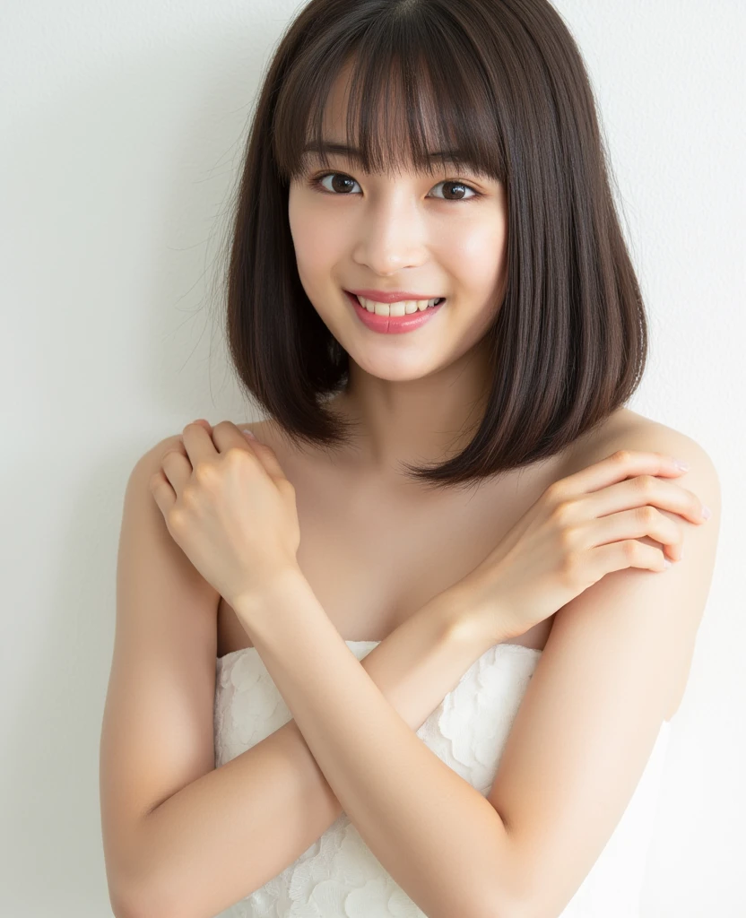 realistic, on the stage of the concert, brightly lit by spotlights on the stage, extremely bright lighting, wearing luxury blue dress, exposed a chest, singing while smiling, wearing like a tiara on the head, short bob hairstyle, light blue hair, hair is blowing in the wind, hair is shaggy and dishevelled, beautiful white-colored translucent skin and face, sweat splashes, slendar figure, heavy and vivid makeup, small nose, smooth shaped jawline, glossy face, heavy flushed cheeks, big smile, close-up shot