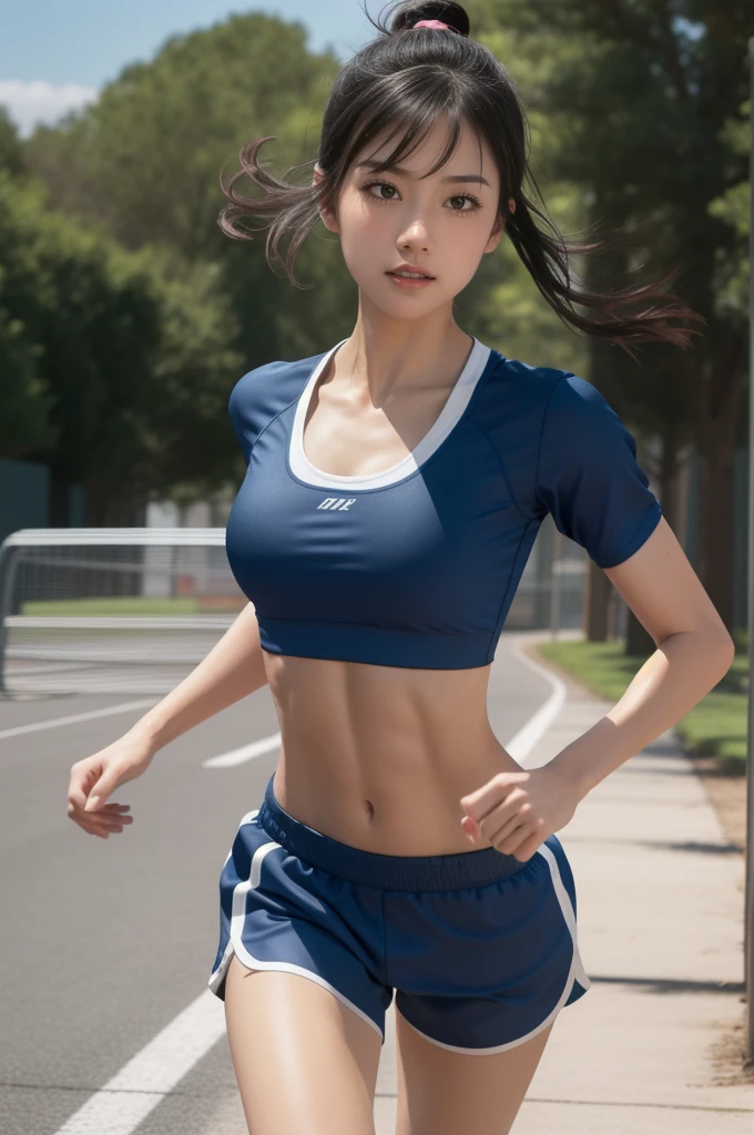 4k, best quality, realistic, detailed,A super beautiful female student in school gym clothes and bloomers, warming up with her arms moving wildly, an incredibly large saggy but toned body with a perfect shape, the shape of her erect nipples clearly visible, a ponytail, sweat, sweat-soaked gym clothes, school gym